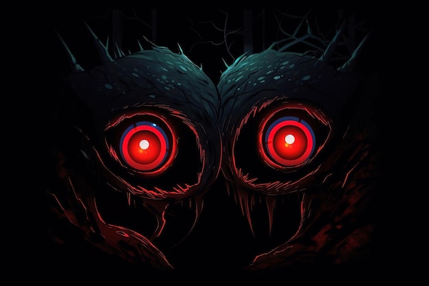 A dark background with the owl and the red eyes