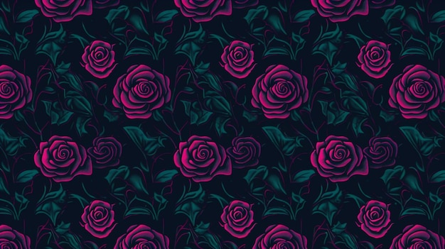 A dark background with a pattern of roses and leaves.