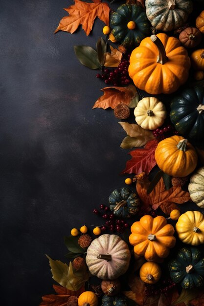 A dark background with pumpkins and gourds.