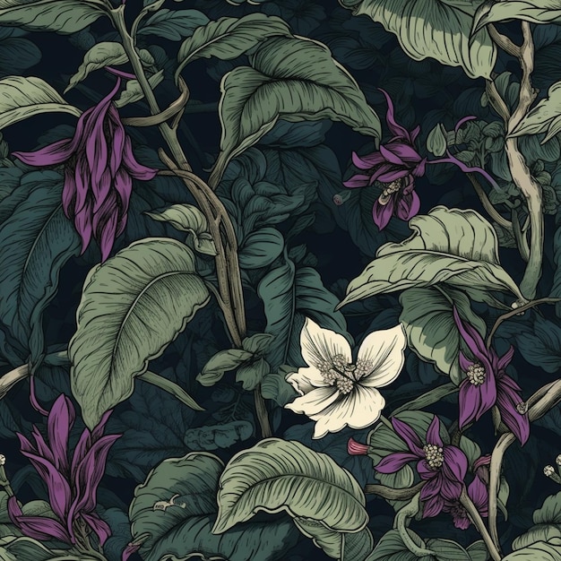 A dark background with a purple flower and leaves.