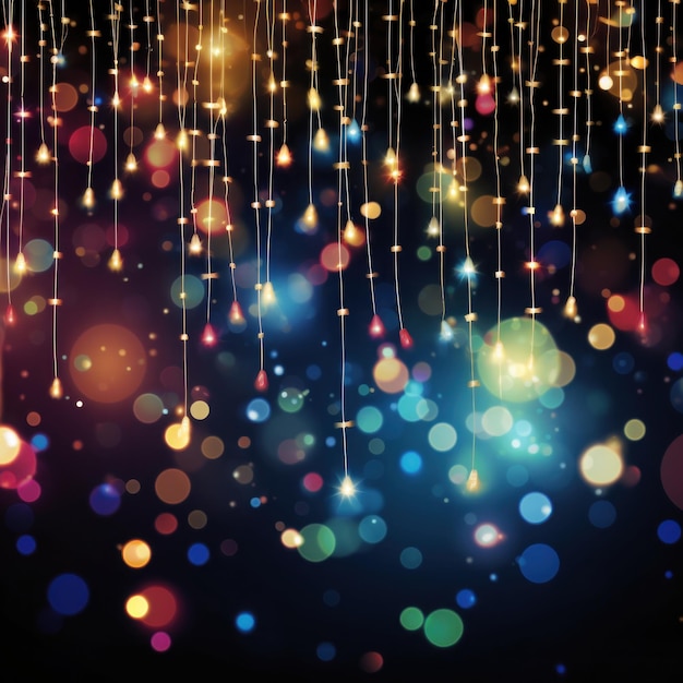 A dark background with twinkling string lights in various colors
