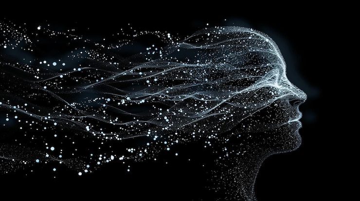 Photo a dark background with white dots in the shape of an abstract human silhouette