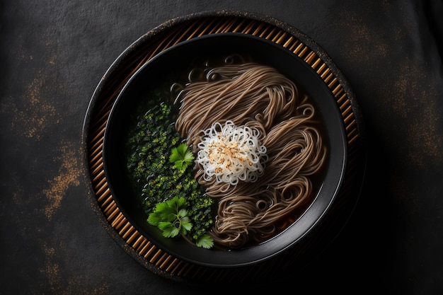 Foto uno sfondo scuro con zaru soba zuppa di noodle