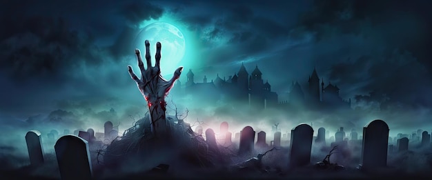 Dark banner zombie hand rise from the grave halloween design with zombie graveyard at night with