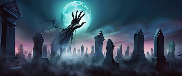 Dark banner zombie hand rise from the grave halloween design with zombie graveyard at night with