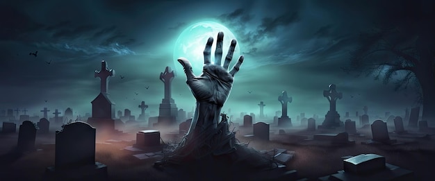 Dark banner zombie hand rise from the grave halloween design with zombie graveyard at night with