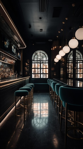 A dark bar with a row of green velvet chairs and a large window with a large window behind it.