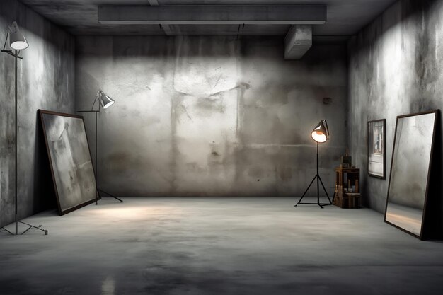Photo dark basement with concrete walls and reflective cement floor and spot lighting in the back wall
