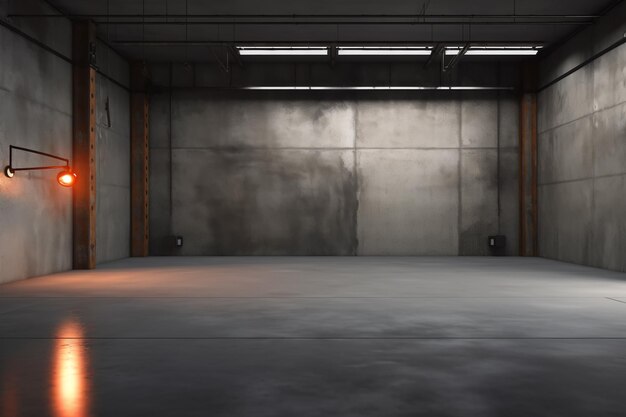 Photo dark basement with concrete walls and reflective cement floor and spot lighting in the back wall