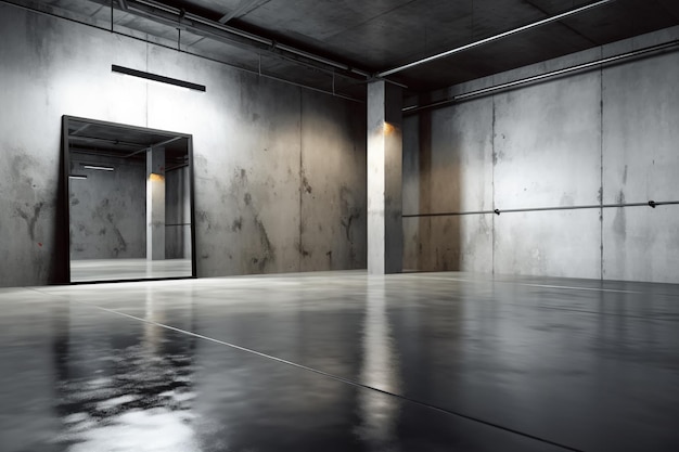 Photo dark basement with concrete walls and reflective cement floor and spot lighting in the back wall
