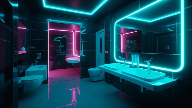 A dark bathroom with neon lights and a sink.