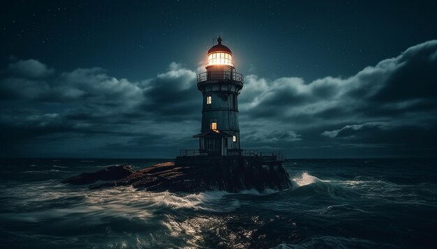 Dark beacon illuminates danger at dusk on tranquil coastline generated by artificial intelligence