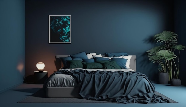 寝室のインテリアにあるダークベッドとモックアップのダークブルーの壁生成AI