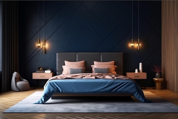 Dark bed and mockup dark blue wall in bedroom interior