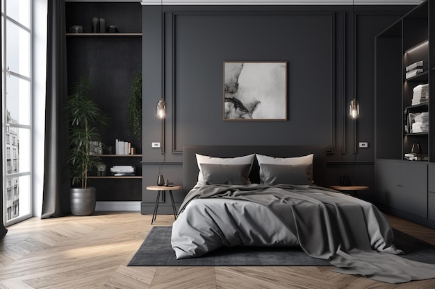 黒い壁と木の床の暗い寝室のインテリア、グレーのリネンとグレーのリネンを備えた快適なキングサイズのベッド