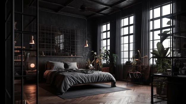 A dark bedroom with a bed and a lamp on the wall.