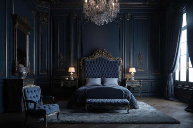 A dark bedroom with a blue bed and a chandelier.