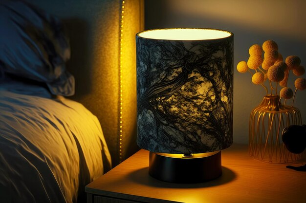 Dark bedside lamp with marble pattern lampshade created with generative ai