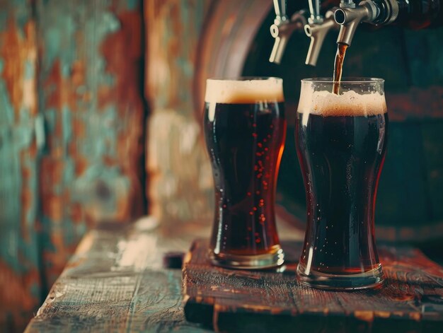 Dark beer cascades from one glass to another both being filled in the process as they sit atop a wooden barrel