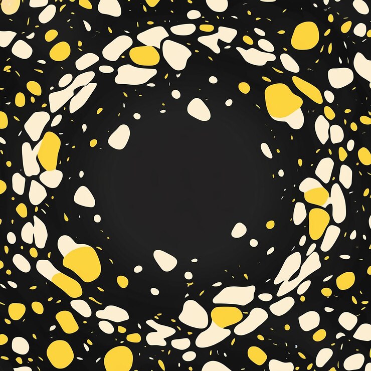 A dark black background with irregular creamy white and vibrant yellow spots