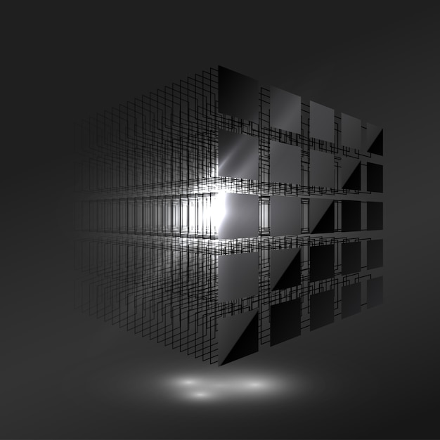 Dark black cube from small pieces. Block chain concept. Big data. Computer data storage. Technology background.