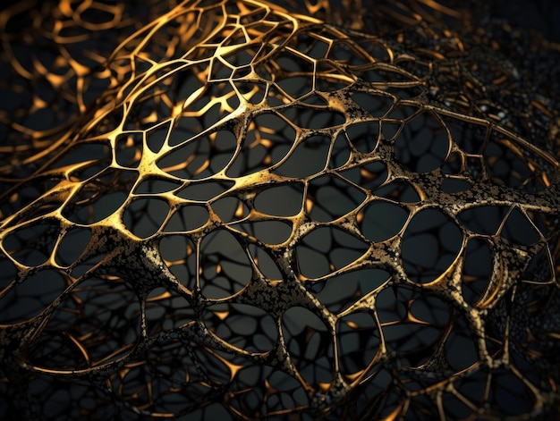 Dark black and gold abstract background An abstract image featuring organic shapes and lines that intersect and overlap created with Generative AI technology