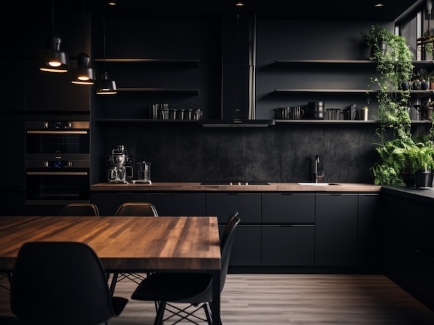 Dark black kitchen with ample storage AI Generated