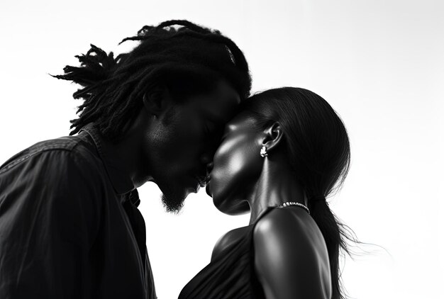 검은색과 검은색의 남성과 여성이 모노크롬 스타일의 실루에서 긴 머리카락으로 키스하고 있습니다.