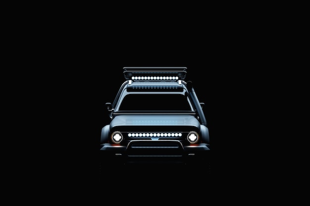 Dark black modern SUV prepared for safari on black background front view 3D illustration