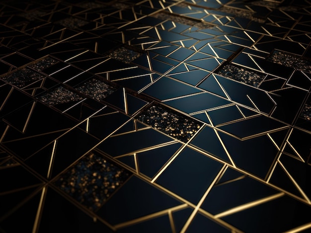 Dark black mosaic background with golden lines Art Deco luxury style texture Created with Generative AI technology