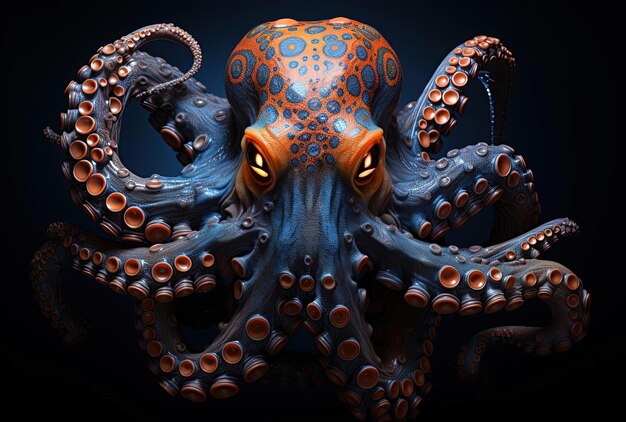 a dark black octopus hes got some blue eye balls in the style of light painting