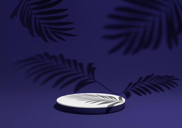 Темно-синий 3D минималистичный дисплей продукта, композиция подиумных листьев, тени на заднем плане, природные продукты