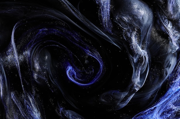 Dark blue abstract ocean background Splashes drops and waves of shining paint under water clouds of smoke in motion