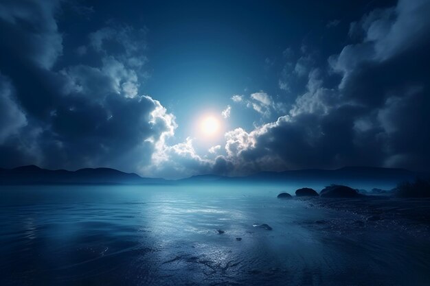 Dark blue background of sky sea and sun