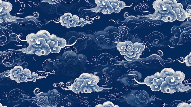 暗い青い背景 白い幸運な雲のパターン