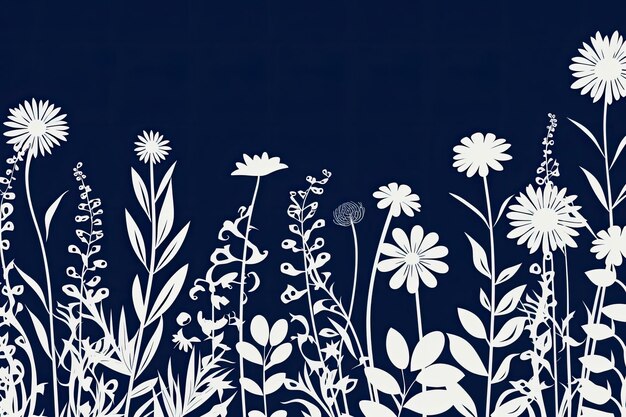 濃い青の背景に白い花のシルエット ベクトル フラット デザイン AI 生成