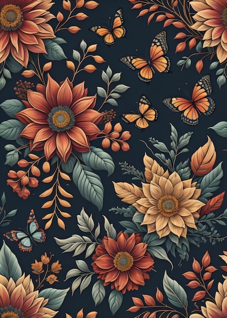 A dark blue background with a floral pattern and butterflies.