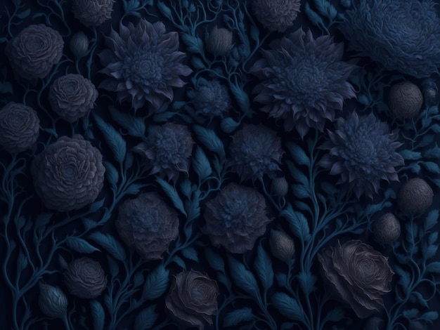 A dark blue background with flowers and leaves.