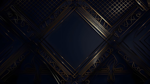 A dark blue background with gold and black art deco style design.