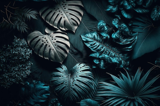濃い青の背景に緑豊かな植物とヤシという言葉が描かれています。