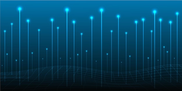 밝은 파란색 선이 있는 진한 파란색 배경과 아래에 곡선 메쉬 선이 있는 빛나는 점이 있습니다.