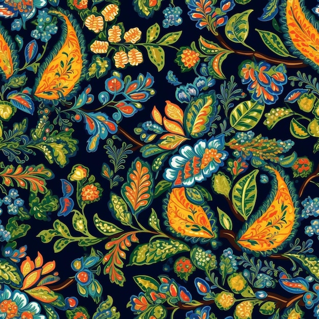 A dark blue background with a pattern of leaves and flowers.