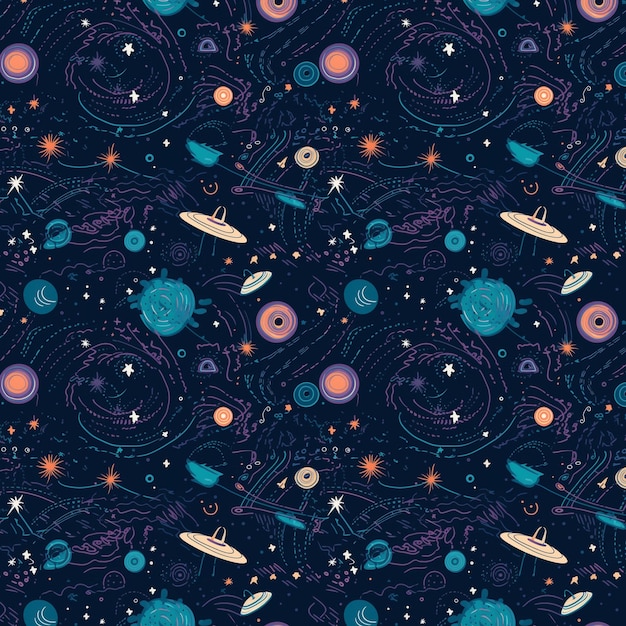 A dark blue background with planets and stars.