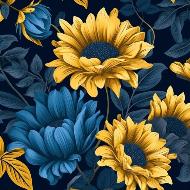 A dark blue background with a sunflowers and leaves.