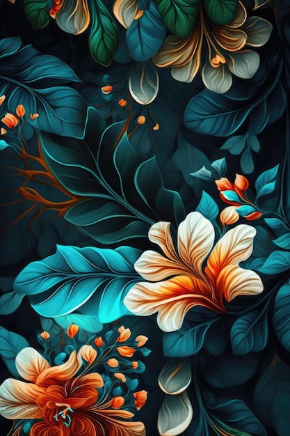 A dark blue background with a tropical flowers and leaves