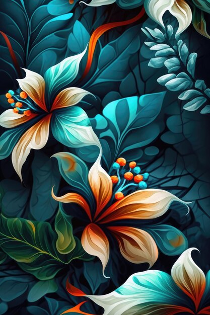 A dark blue background with a tropical flowers and leaves