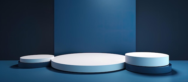 A dark blue background with white round empty podiums is a minimal art setup It provides copy