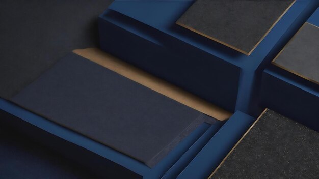 dark blue and black flat lay background with sharp layers and shadows with copy space