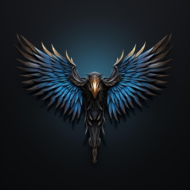 Photo dark blue and bronze bird wings in the style of symbolism dark black and blue background 3d ancient art