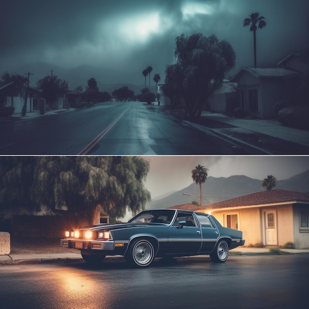 A dark blue car is parked in front of a house with a light on the roof